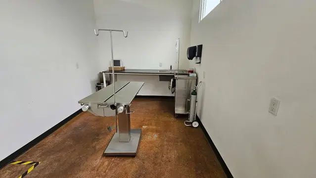 Una sala de paredes blancas con una mesa de exploración de acero inoxidable, porta sueros y tanque de oxígeno